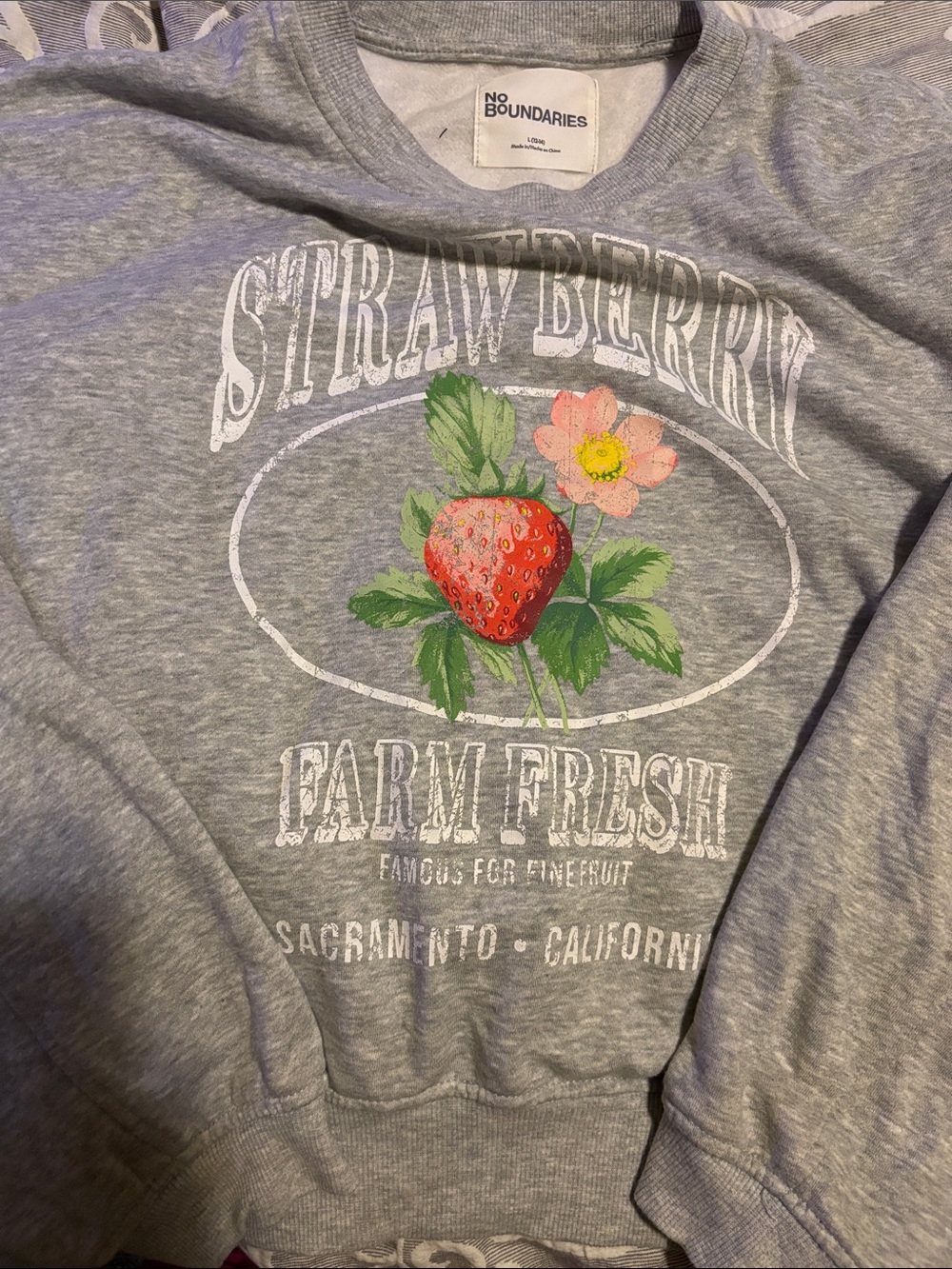 No Boundaries Gray Crewneck Sweater with Strawberry Graphic